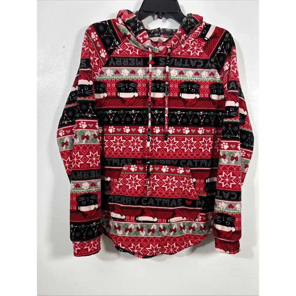 No Boundaries Junior XL 15/17 Red Hoodie Pocket Merry Catmas Cat Holiday 6449 - Picture 3 of 9